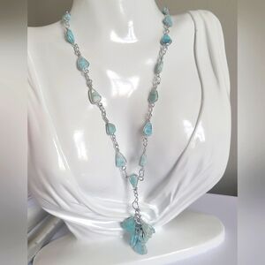 Vintage Boho Western Sterling Silver Wire Wrapped Blue Larimar Gem Y Necklace